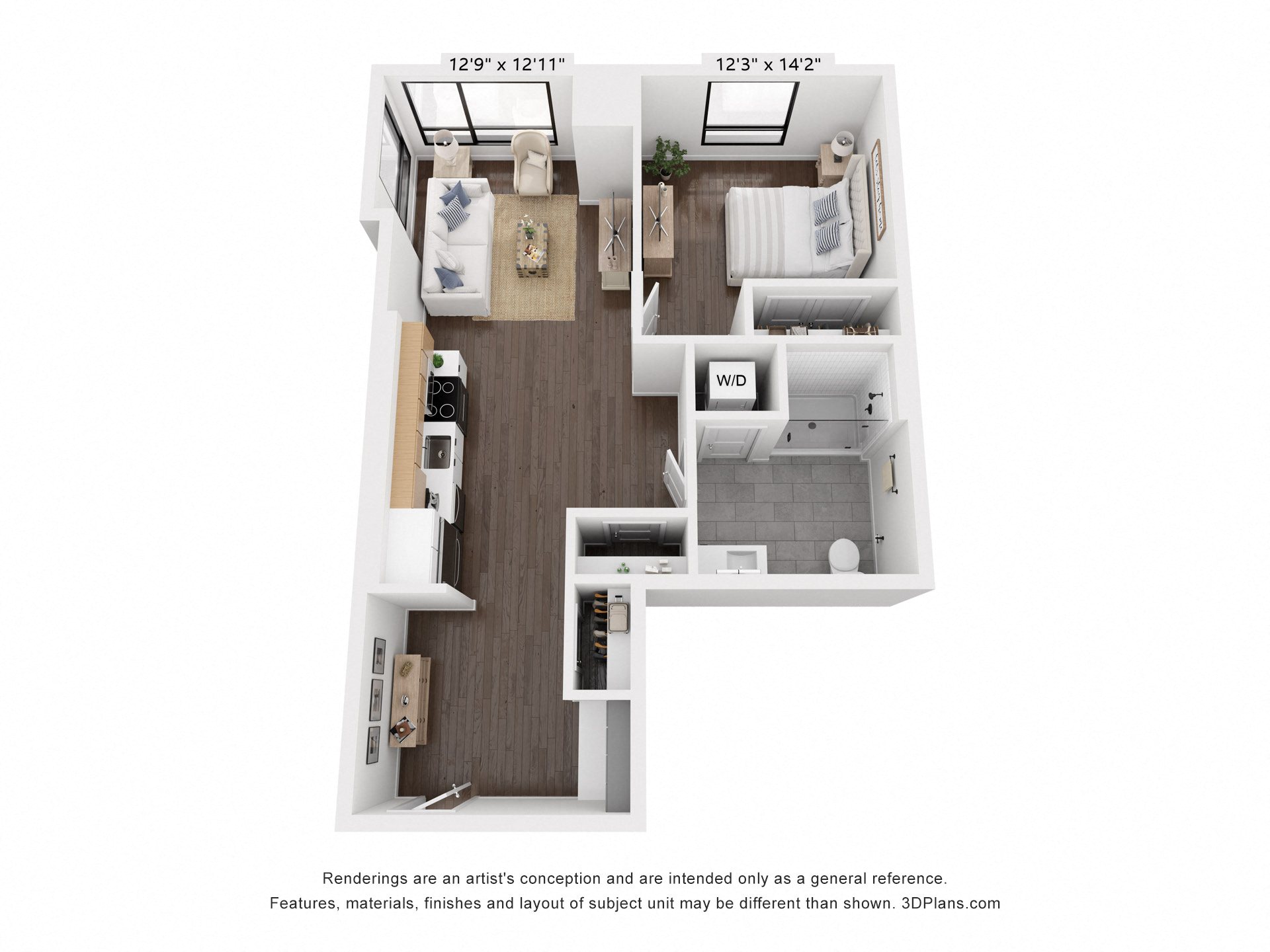 Floor plan for 1 bed, 1 bath, 505 sqft